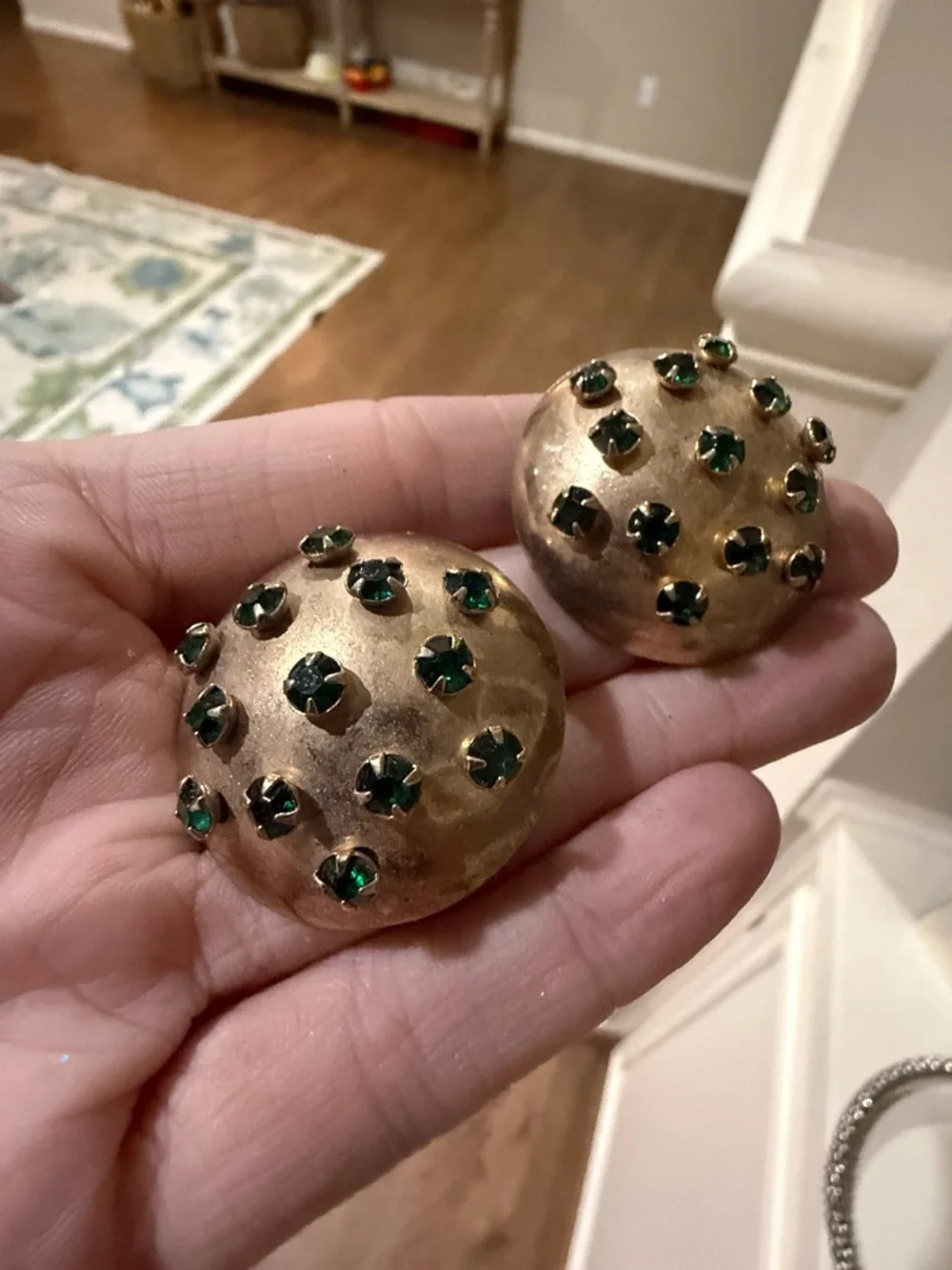 Vintage Gold and Emerald Clip on Dome Earrings